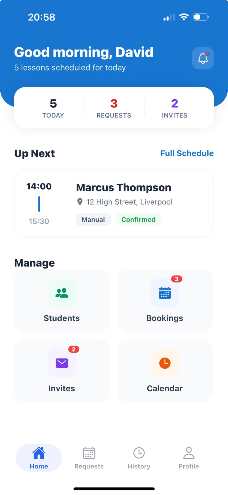 DriveSmart UK instructor dashboard showing student progress